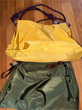 Two-Tone Yellow and Olive Shoulder Bag with Purple Strap